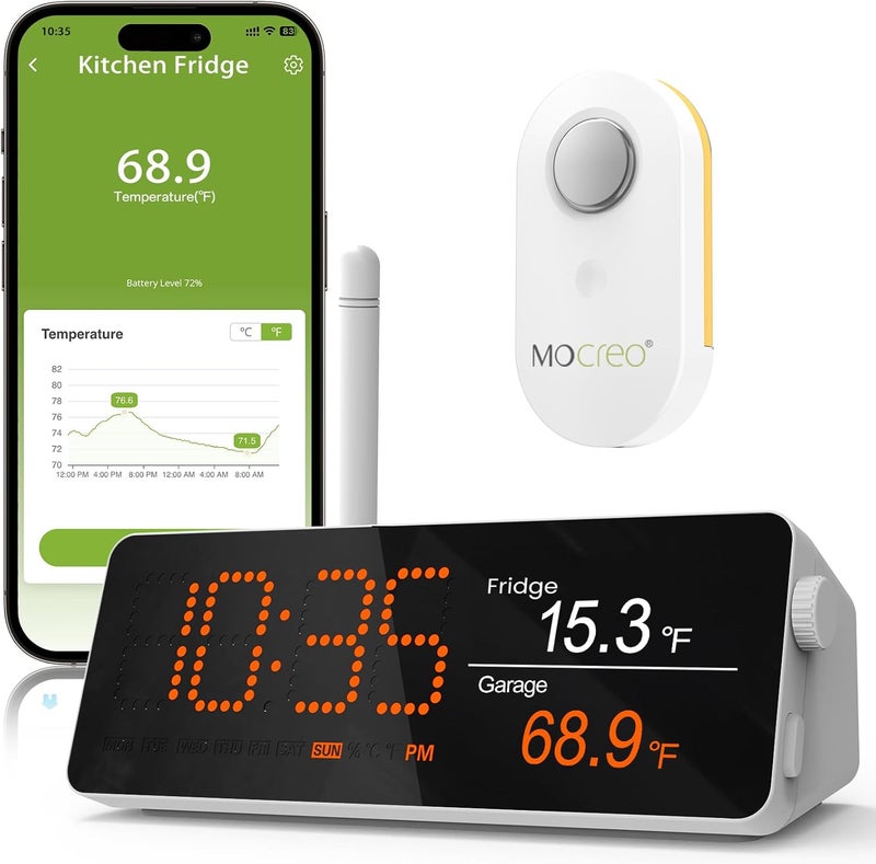 Mocreo WiFi Remote Refrigerator Thermometer, 1/3 Mile Long Range Freezer Alarm, IP66 Waterproof, App Email Alert, with Digital Monitor Hub, 1 Smart Wireless Temperature Sensor for Kitchen, Fridge, RV - Image 1